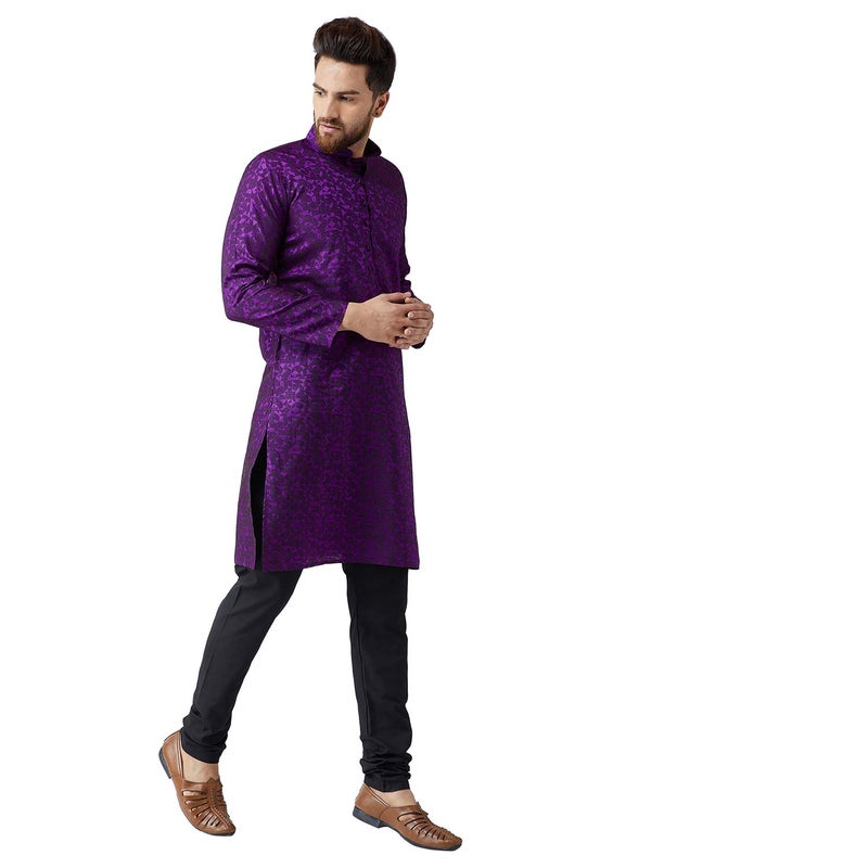 Sojanya (Since 1958 Men'S Violet Jackquard Silk Only Long Kurta, Size 44 - Image 2